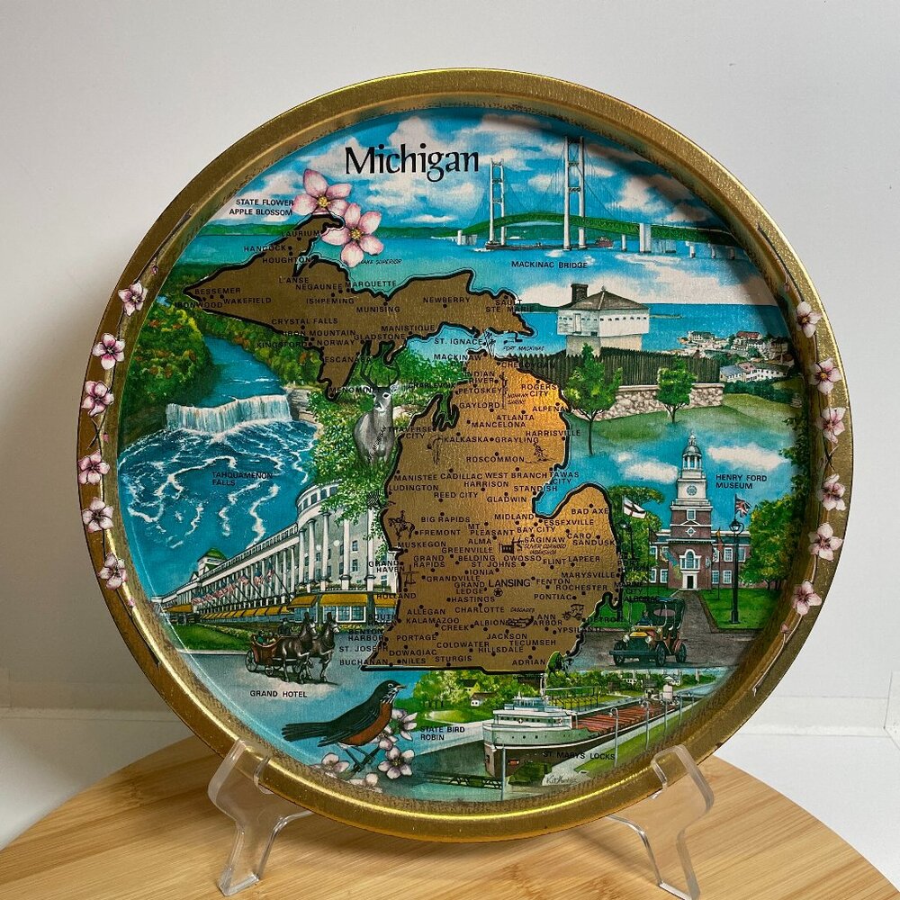 Vintage State of Michigan Souvenir Tray Gold Metal Travel Wolverine State
